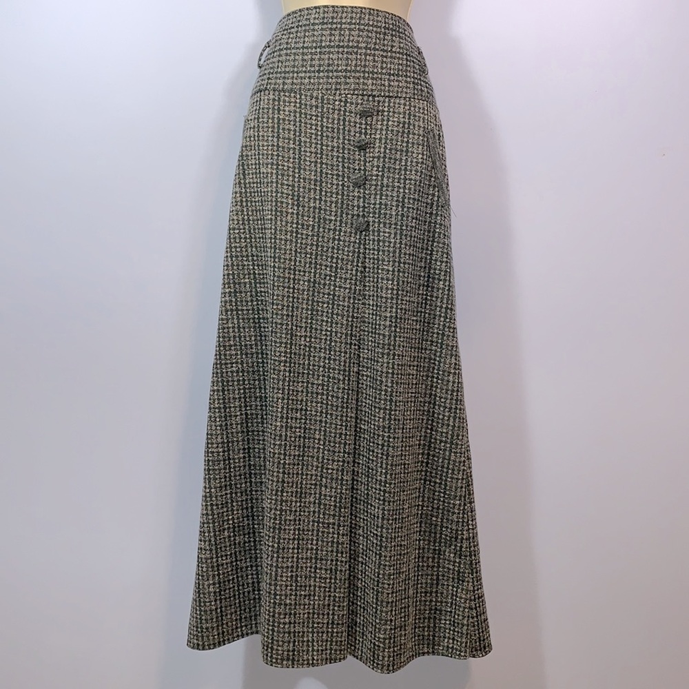 Sözcü tweed gray green long plaid check covered buttons high waisted skirt L